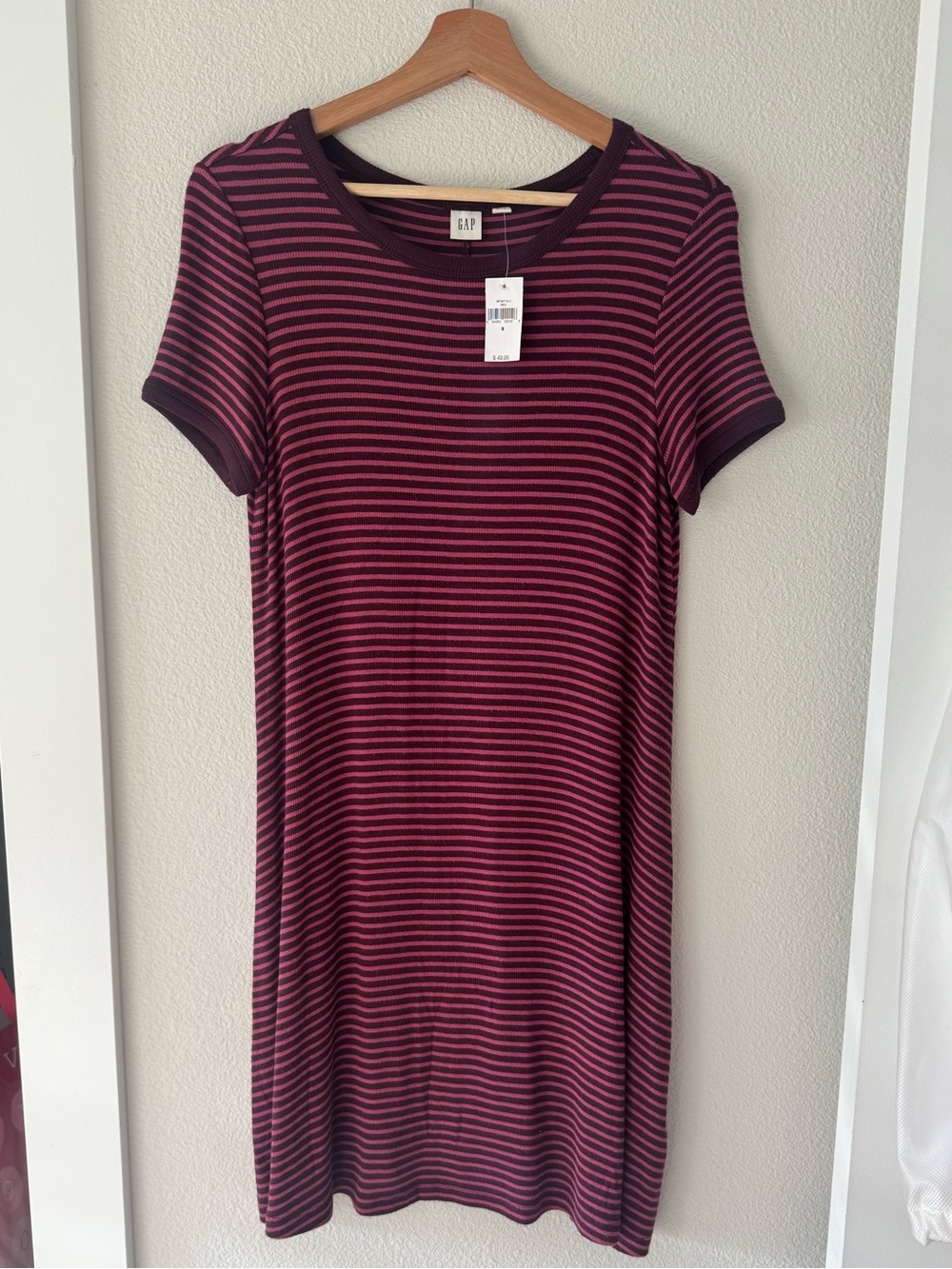 GAP Striped Short Sleeve Mini Dress in Plum and Burgundy